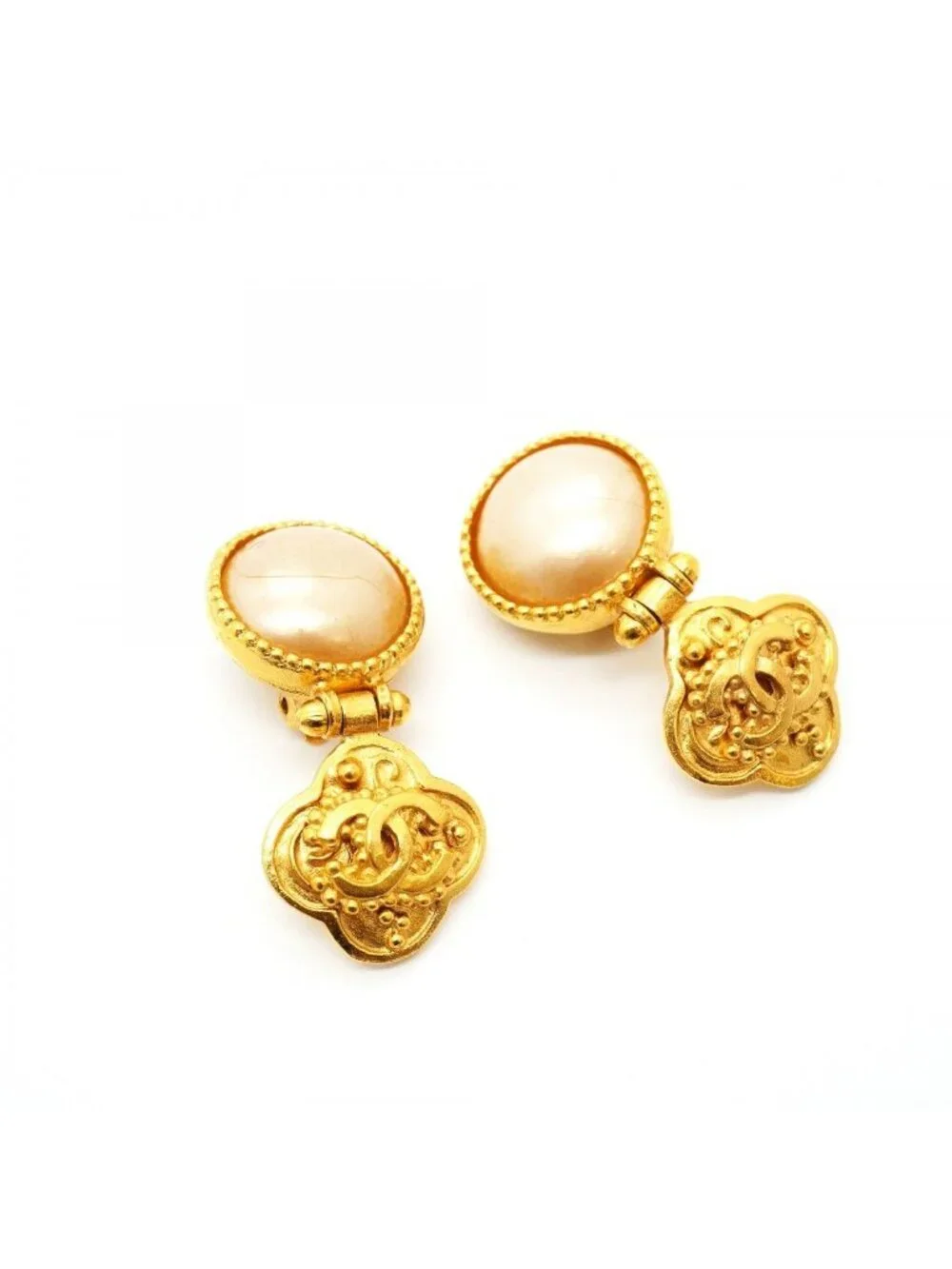 Chanel Earrings Vintage CC Logo Gold Plated Faux Pearl